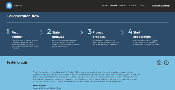 Testemonials section on the product district web site